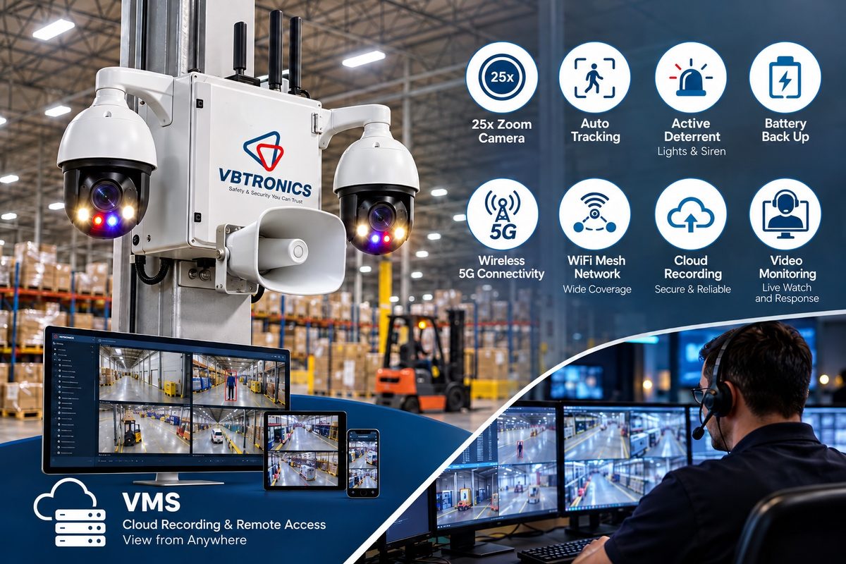 Illustration of the indoor surveillance unit: two zoom dome cameras, a siren speaker and deterrent lights on one enclosure in a warehouse, with the viewing app and a monitoring center